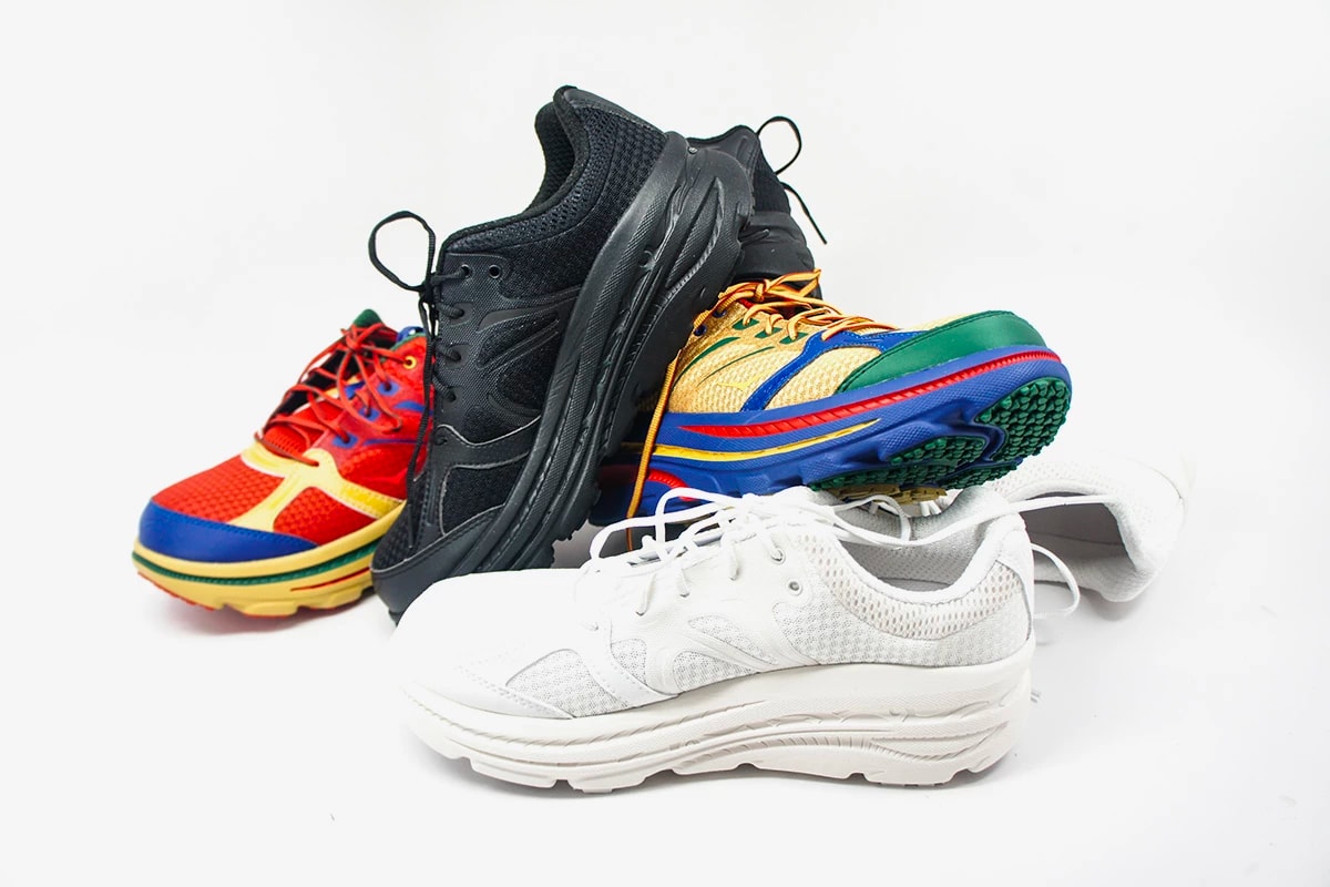 Engineered Garments x HOKA ONE ONE By Shaun Crawford Collaborative shoes capsule three colorways drop date release info multicolor yellow blue red green black white