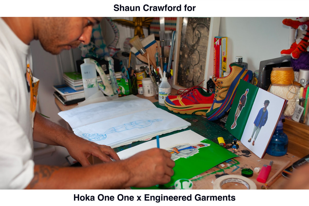 Engineered Garments x HOKA ONE ONE By Shaun Crawford Collaborative shoes capsule three colorways drop date release info multicolor yellow blue red green black white
