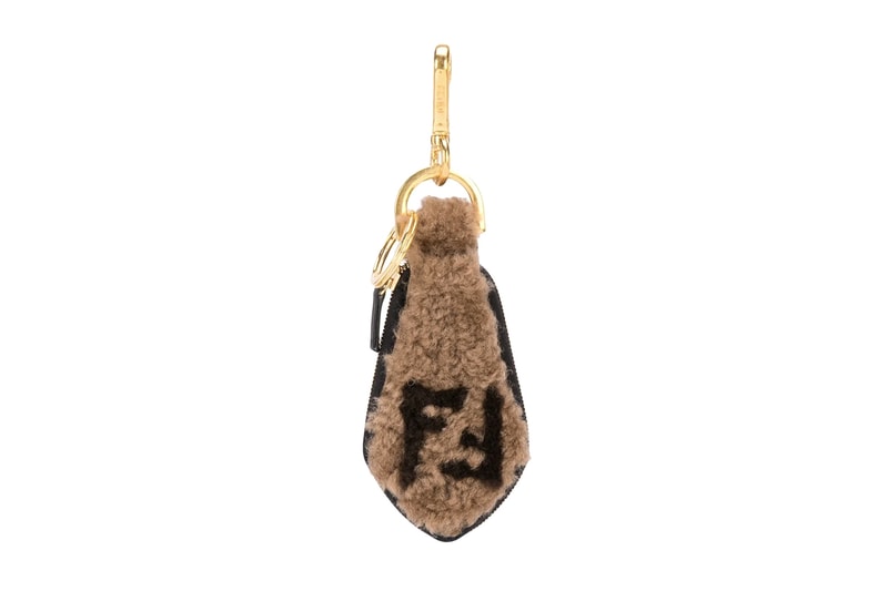 Fendi Shearling Keychain gold plated brass hardware clip fastening zip closure coin pouch contrasting FF logo sheep skin leather brown  7AR765 A8VA