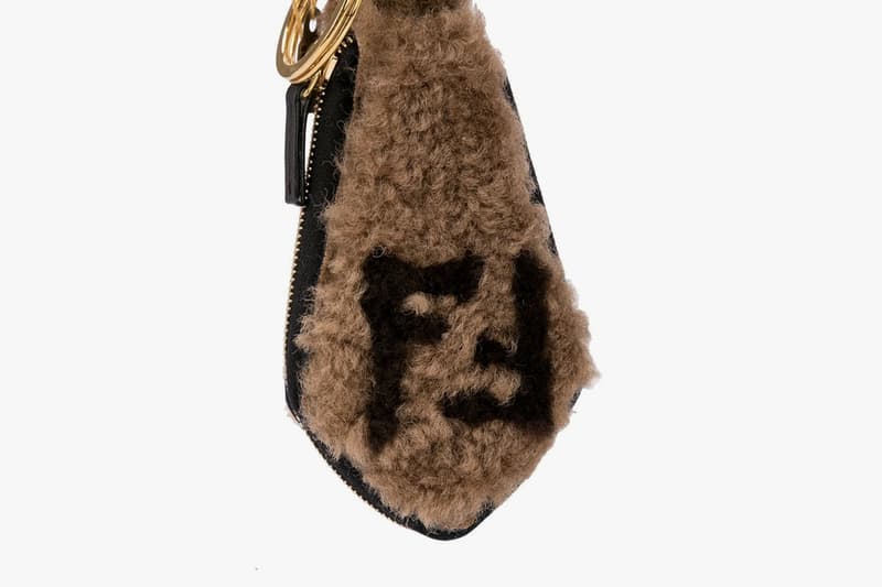 Fendi Shearling Keychain gold plated brass hardware clip fastening zip closure coin pouch contrasting FF logo sheep skin leather brown 7AR765 A8VA