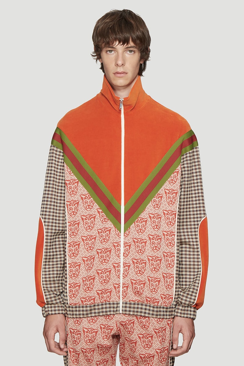 Gucci Contrasting Print Tracksuit cat motif gingham brown classic vintage retro velour chevron green red jacket pants matching pattern