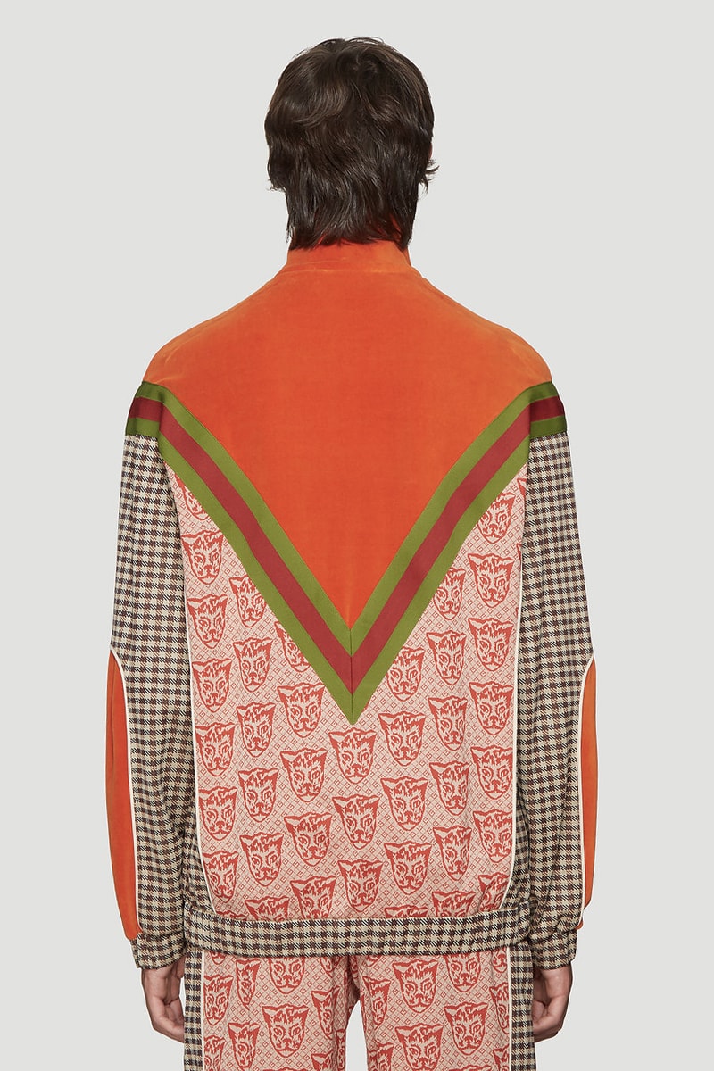 Gucci Contrasting Print Tracksuit cat motif gingham brown classic vintage retro velour chevron green red jacket pants matching pattern