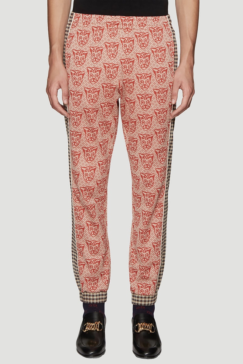 Gucci Contrasting Print Tracksuit cat motif gingham brown classic vintage retro velour chevron green red jacket pants matching pattern