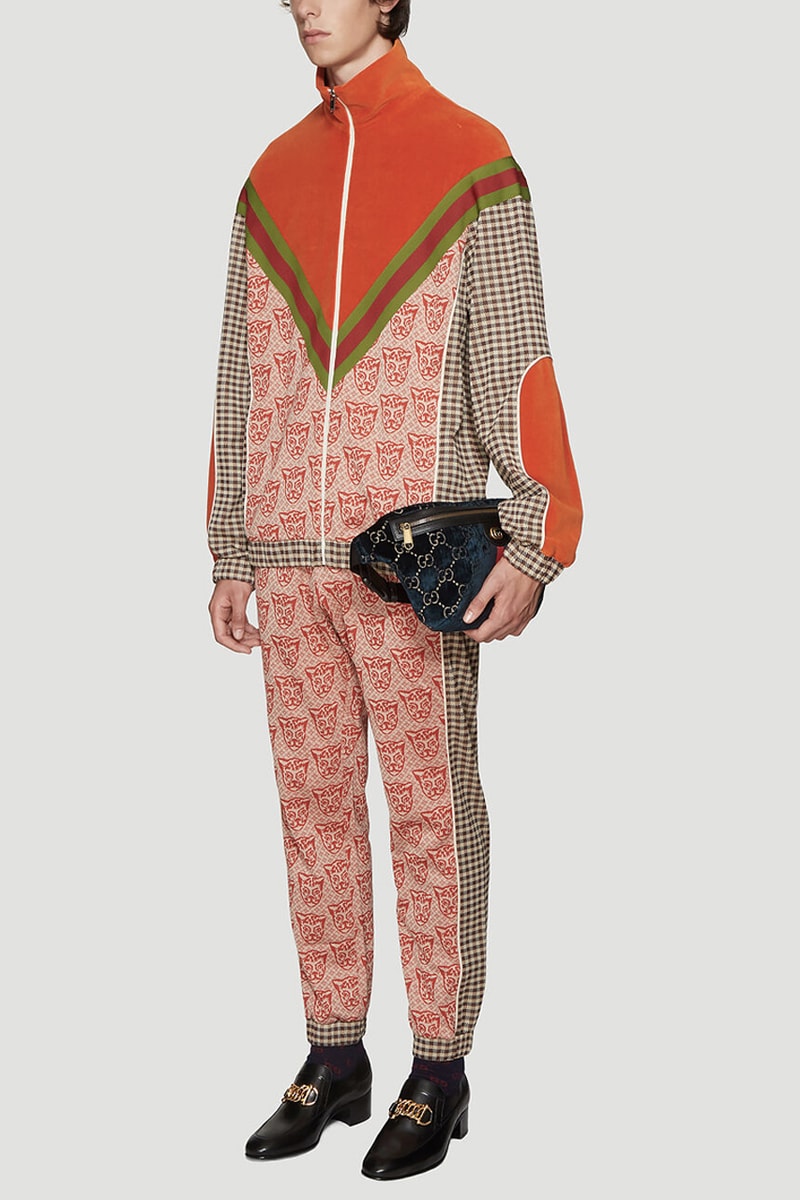 Gucci Contrasting Print Tracksuit cat motif gingham brown classic vintage retro velour chevron green red jacket pants matching pattern