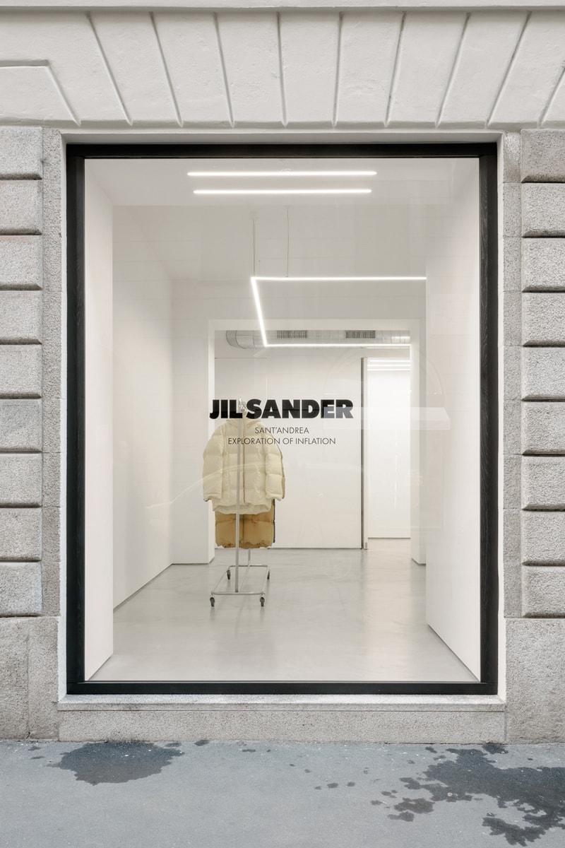 Jil Sander via sant andrea store milan installation space rotating exhibitions monthly gallery luke lucie meier creative director down jackets 