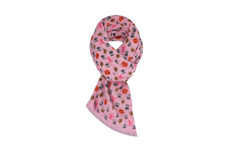 Jonas Wood x Louis Vuitton Textile Accessories Collection American Artist Colorful Motifs Drawings Wraps Scarves Blue Pink Basketballs "LV" Logo 