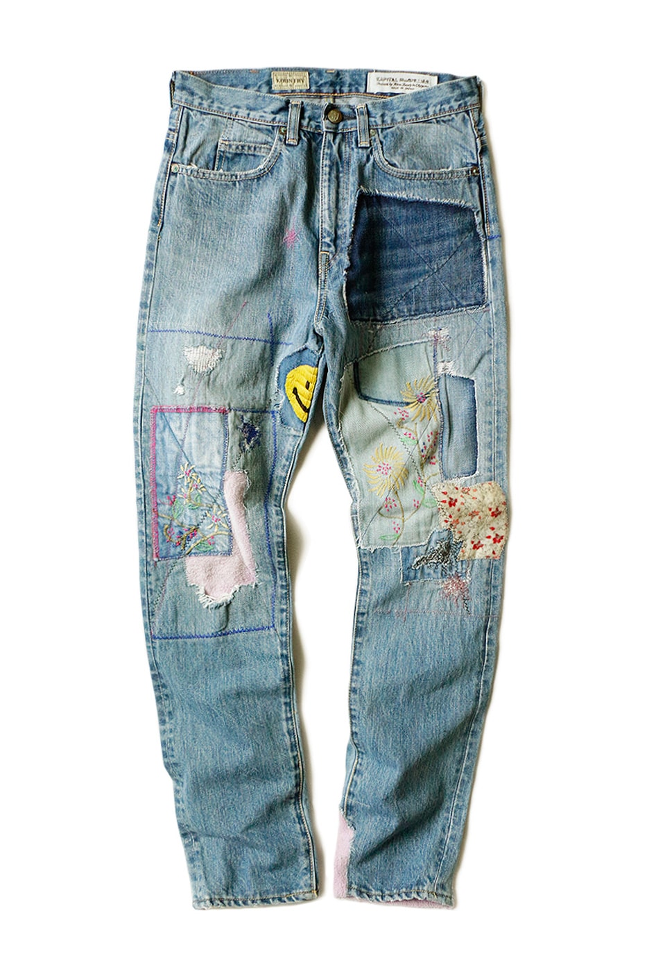 KAPITAL 14oz OKABILLY Gypsy Patch Remake Denim Release Japanese fashion menswear streetwear patchwork cotton jeans pants trousers smiley flower embroidery washed 