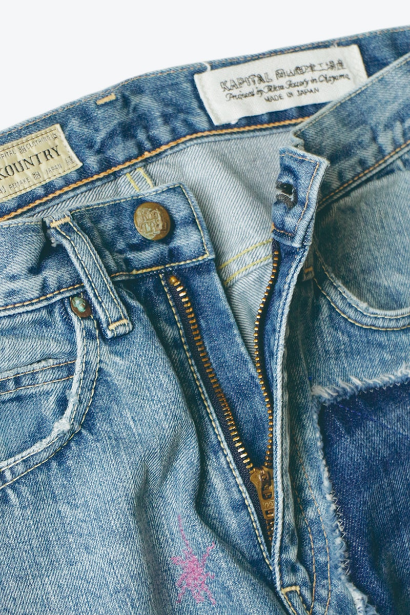 KAPITAL 14oz OKABILLY Gypsy Patch Remake Denim Release Japanese fashion menswear streetwear patchwork cotton jeans pants trousers smiley flower embroidery washed 