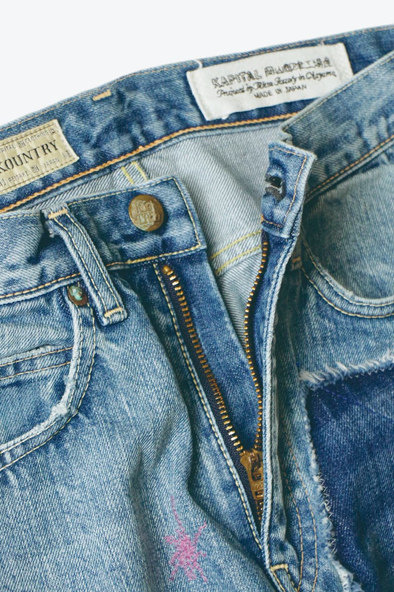 KAPITAL 14oz OKABILLY Gypsy Patch Remake Denim Release Japanese fashion menswear streetwear patchwork cotton jeans pants trousers smiley flower embroidery washed