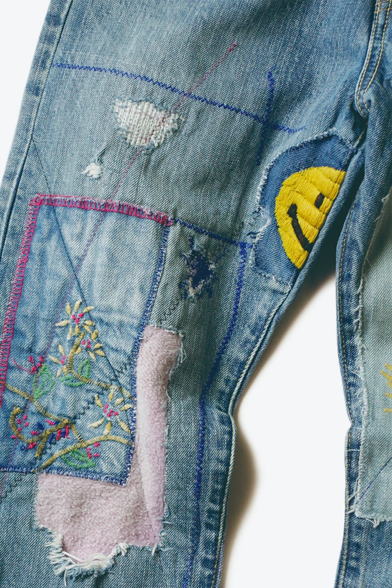 KAPITAL 14oz OKABILLY Gypsy Patch Remake Denim Release Japanese fashion menswear streetwear patchwork cotton jeans pants trousers smiley flower embroidery washed 