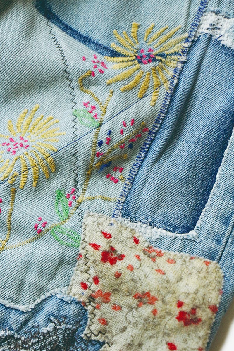 KAPITAL 14oz OKABILLY Gypsy Patch Remake Denim Release Japanese fashion menswear streetwear patchwork cotton jeans pants trousers smiley flower embroidery washed