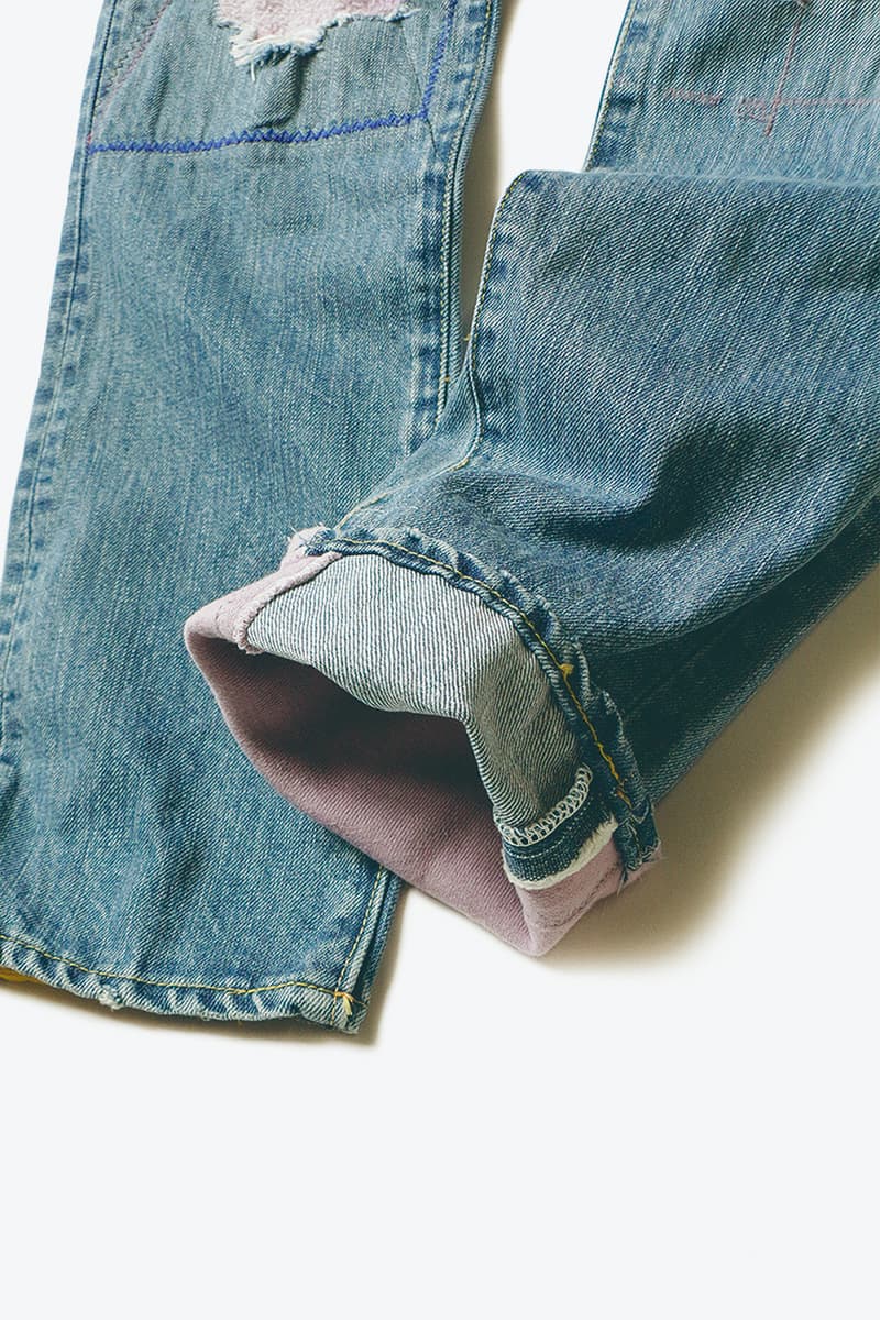 KAPITAL 14oz OKABILLY Gypsy Patch Remake Denim Release Japanese fashion menswear streetwear patchwork cotton jeans pants trousers smiley flower embroidery washed