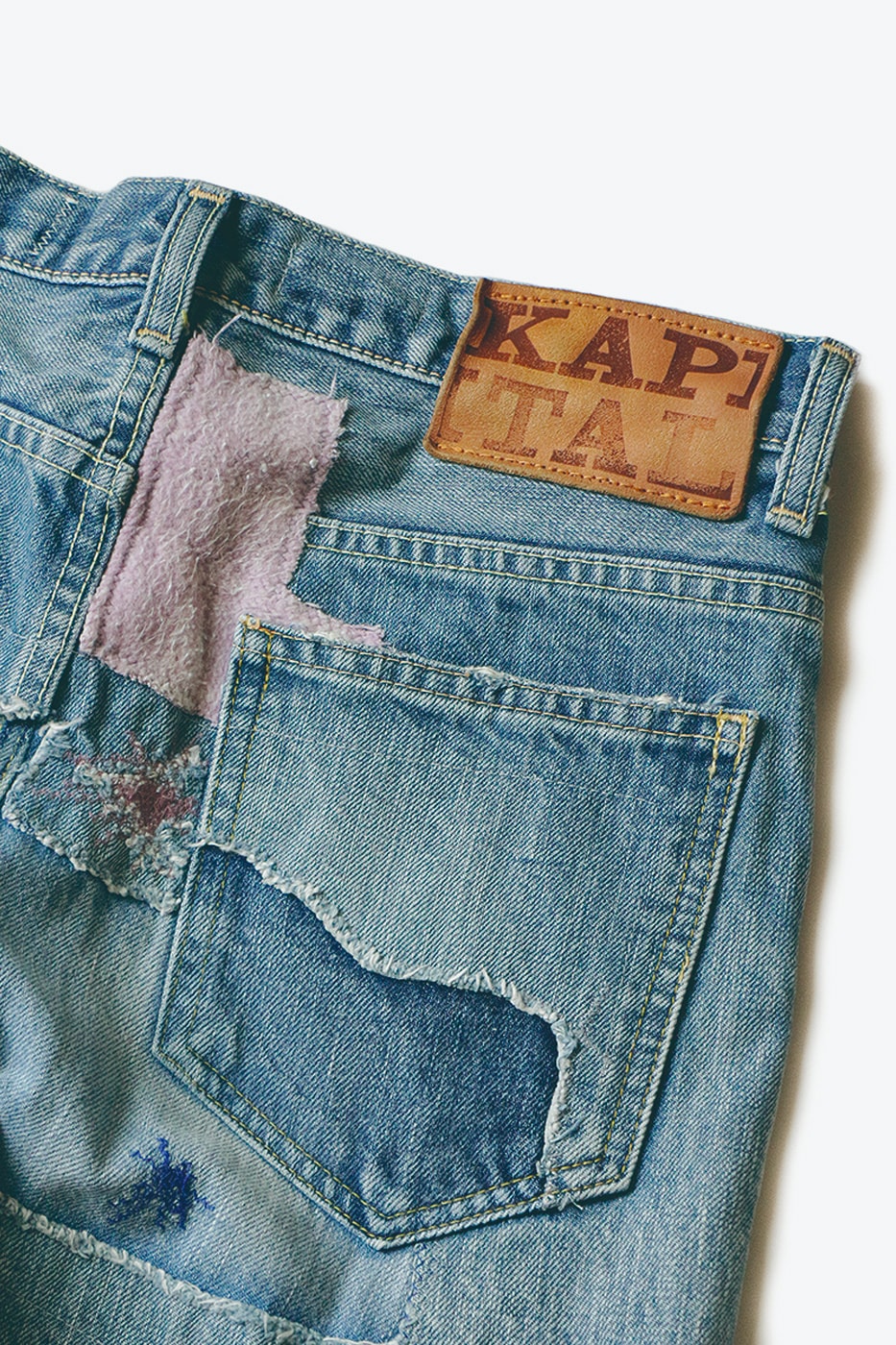 KAPITAL 14oz OKABILLY Gypsy Patch Remake Denim Release Japanese fashion menswear streetwear patchwork cotton jeans pants trousers smiley flower embroidery washed 