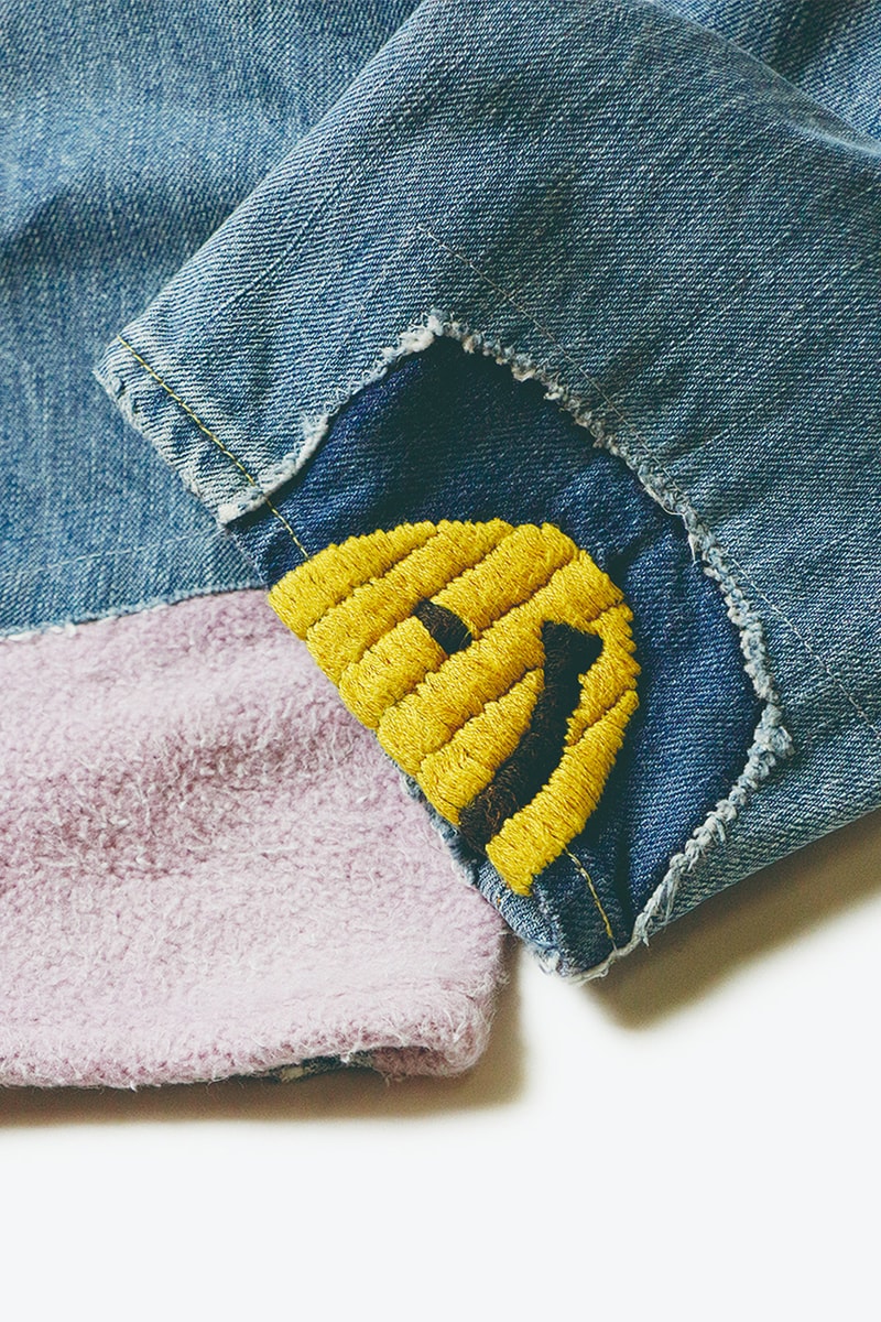 KAPITAL 14oz OKABILLY Gypsy Patch Remake Denim Release Japanese fashion menswear streetwear patchwork cotton jeans pants trousers smiley flower embroidery washed 