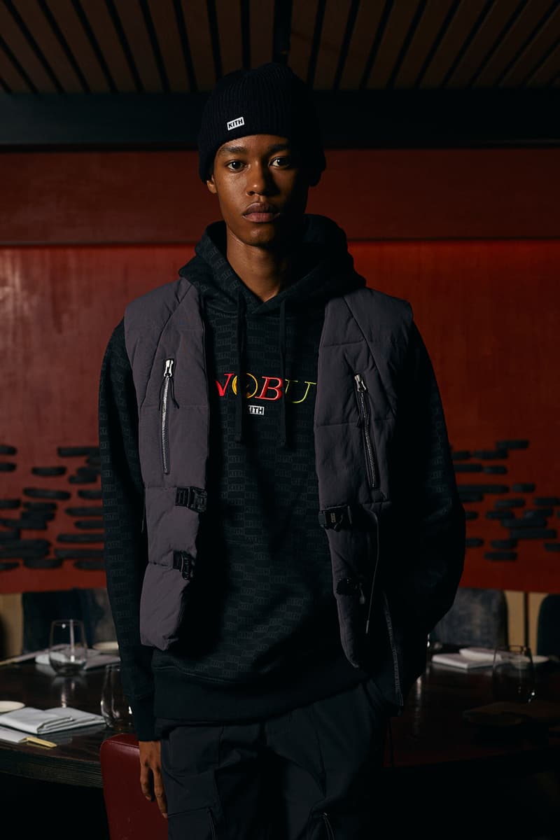 Nobu KITH Capsule Collection New Era Cap Quilted Coaches Jacket Quarter Zip Collared Shirt Sakura Koi Fish Green Pink Black Gray Gold Treats Caramel Soba Cha Swirl Banana Soy French Toast Milkshake collaboration lookbook