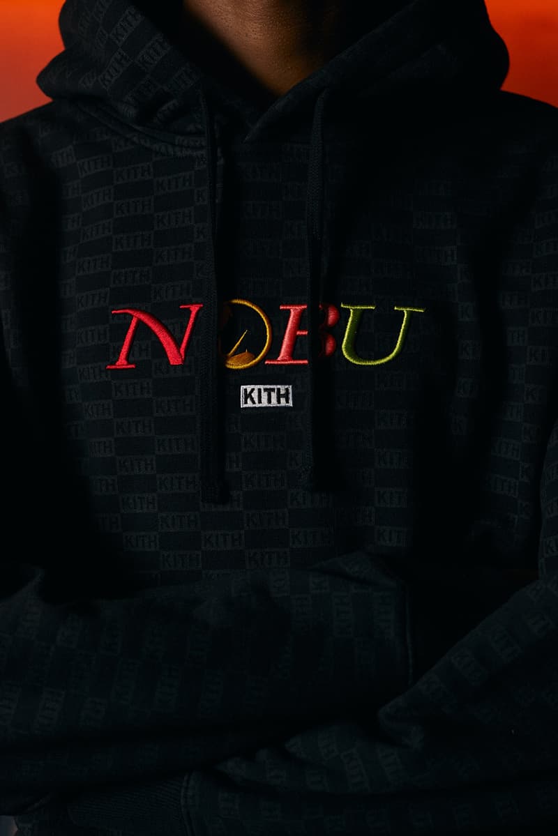 Nobu KITH Capsule Collection New Era Cap Quilted Coaches Jacket Quarter Zip Collared Shirt Sakura Koi Fish Green Pink Black Gray Gold Treats Caramel Soba Cha Swirl Banana Soy French Toast Milkshake collaboration lookbook