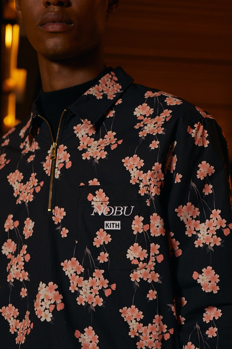 Nobu KITH Capsule Collection New Era Cap Quilted Coaches Jacket Quarter Zip Collared Shirt Sakura Koi Fish Green Pink Black Gray Gold Treats Caramel Soba Cha Swirl Banana Soy French Toast Milkshake collaboration lookbook