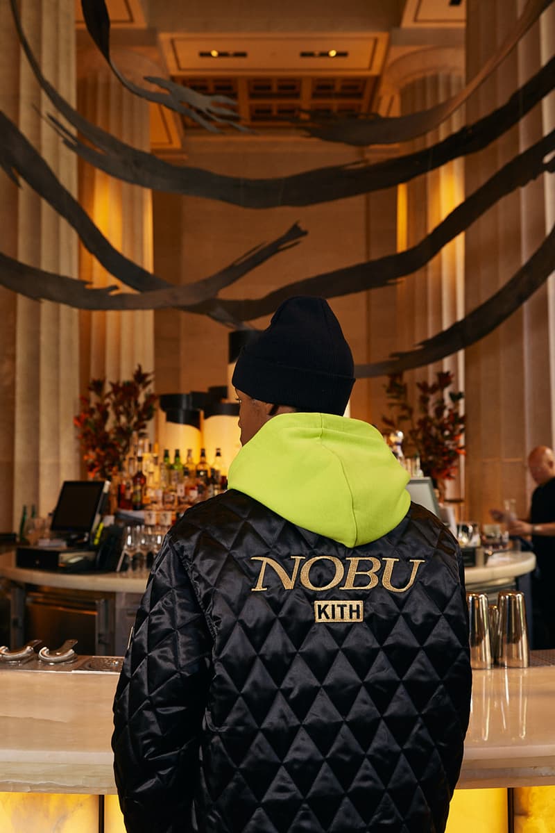 Nobu KITH Capsule Collection New Era Cap Quilted Coaches Jacket Quarter Zip Collared Shirt Sakura Koi Fish Green Pink Black Gray Gold Treats Caramel Soba Cha Swirl Banana Soy French Toast Milkshake collaboration lookbook