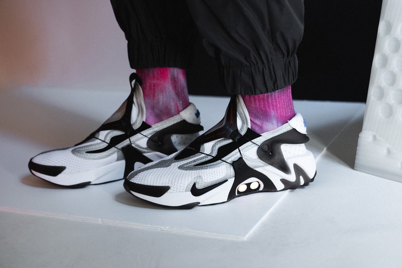 Nike Adapt Lacing Huarache On-Feet, Closer Look self white blue colorway release info drop buy technology