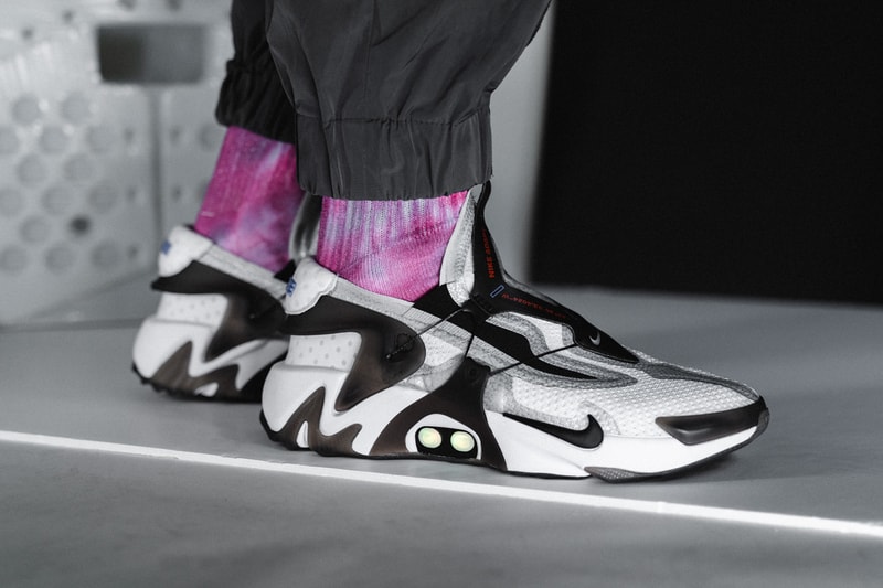 Nike Adapt Lacing Huarache On-Feet, Closer Look self white blue colorway release info drop buy technology