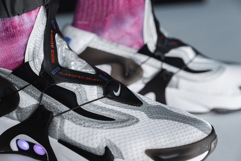 Nike Adapt Lacing Huarache On-Feet, Closer Look self white blue colorway release info drop buy technology