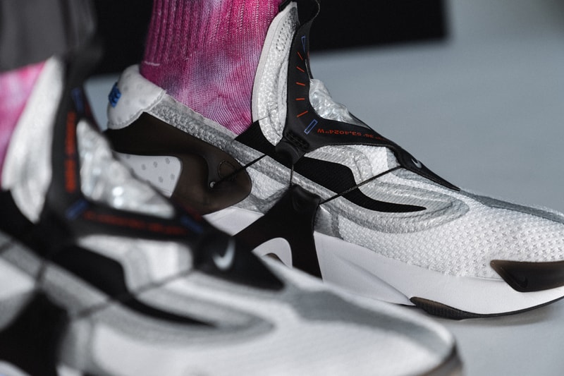 Nike Adapt Lacing Huarache On-Feet, Closer Look self white blue colorway release info drop buy technology