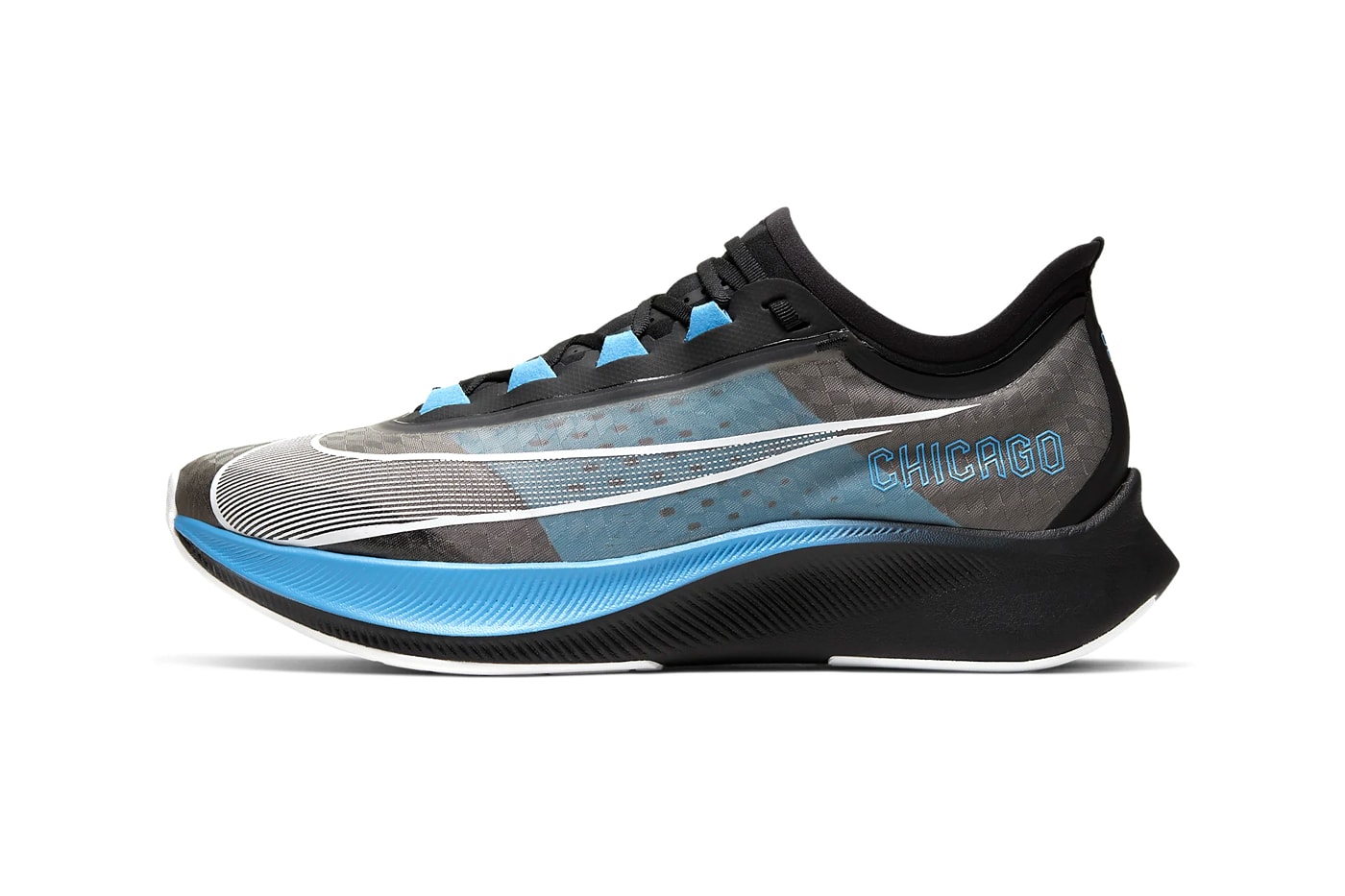 Nike Zoom Fly 3 Chicago Marathon Release CT1114-001 Black Light Current Blue Wolf Grey White Info Buy 