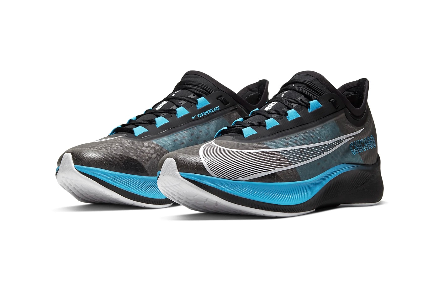 Nike Zoom Fly 3 Chicago Marathon Release CT1114-001 Black Light Current Blue Wolf Grey White Info Buy 