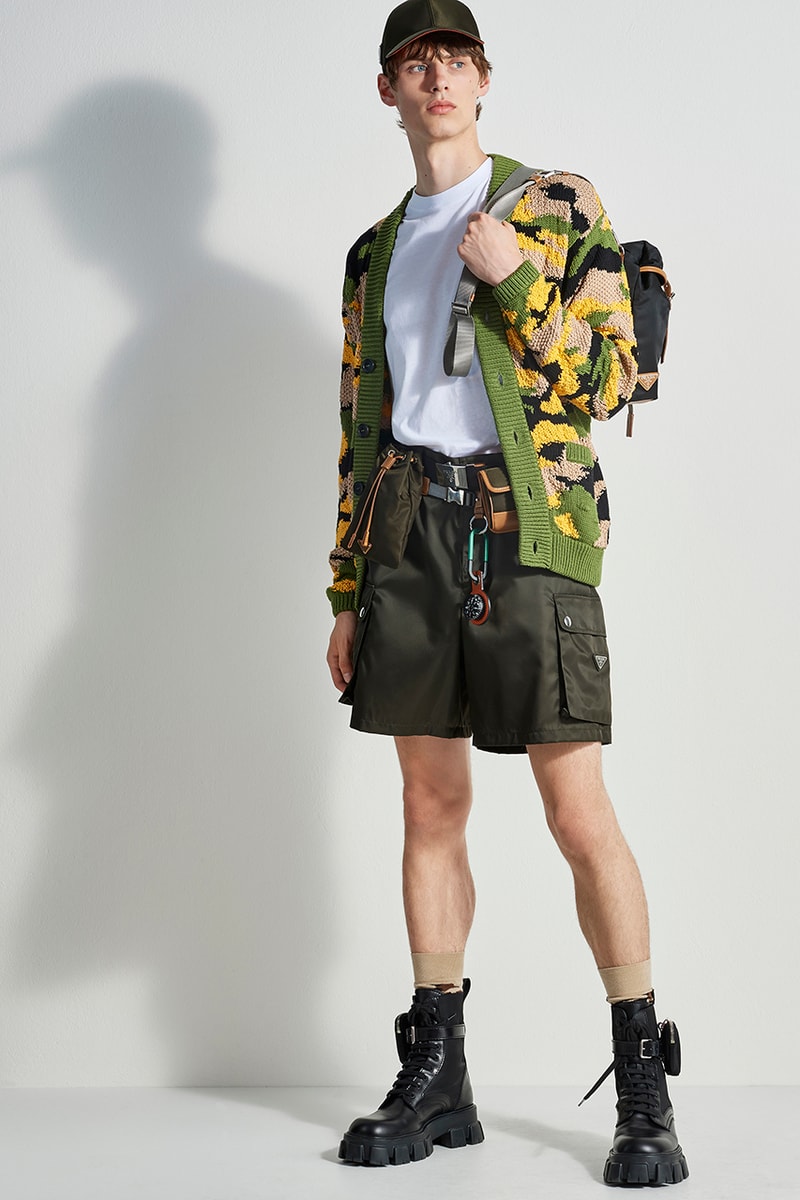 prada escape selfridges apparel sneakers camouflage shirts boots accessories water bottles outdoor practical themed design store space first look buy cop purchase