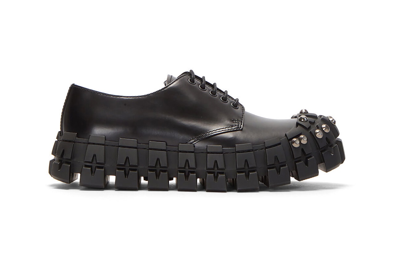 prada studded brushed leather shoes in black release shop fall 2019 chunky footwear rubber sole  
