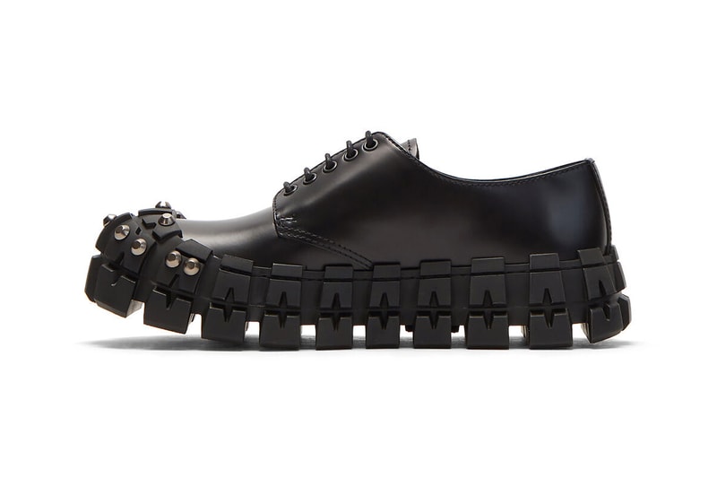 prada studded brushed leather shoes in black release shop fall 2019 chunky footwear rubber sole  