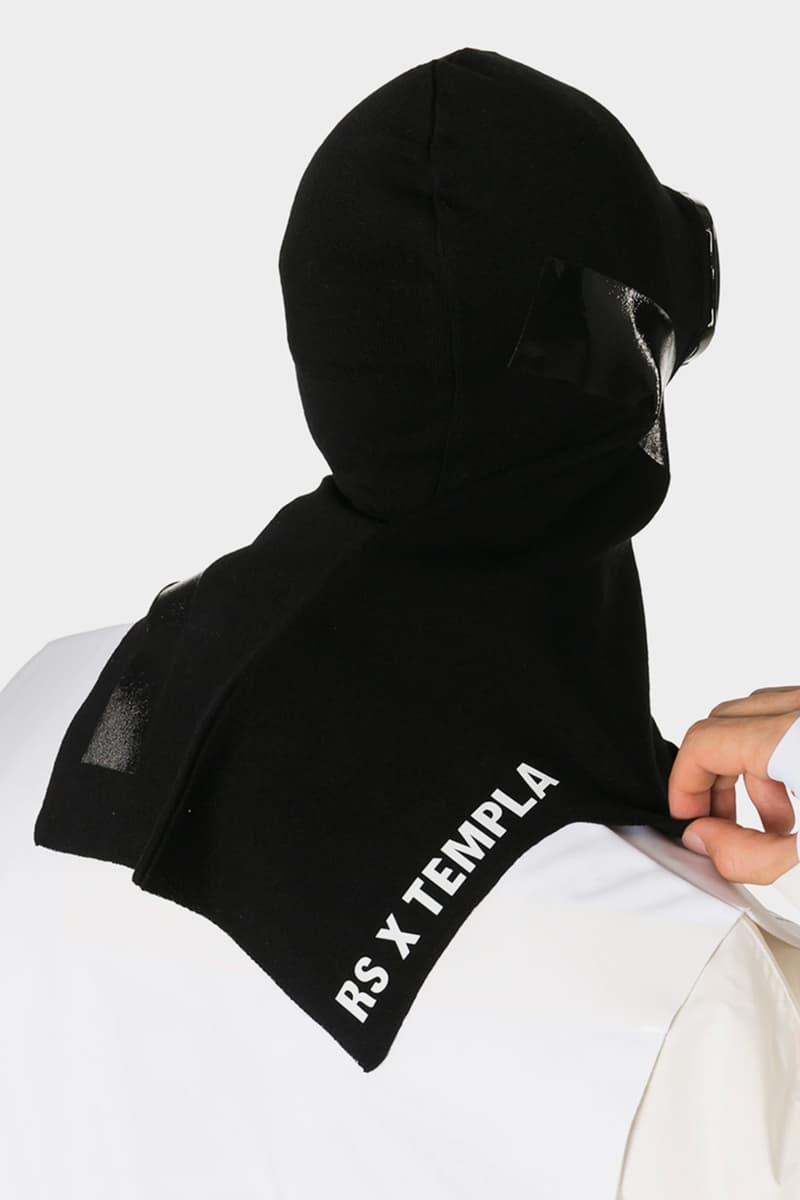 Templa Raf Simons Logo Print Balaclava Merino Wool acrtic single hole goggle flowing made in Italy tonal tape print co branding knitted