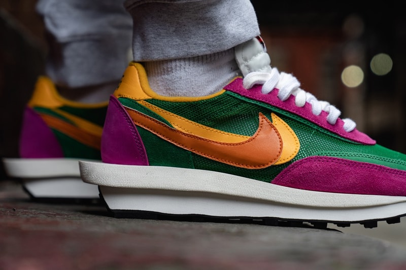 StockX Nike Sacai LD Waffle new colorways trip triplet release Green Purple White Grey Black Anthracite double swoosh elevated midsole co-branded 