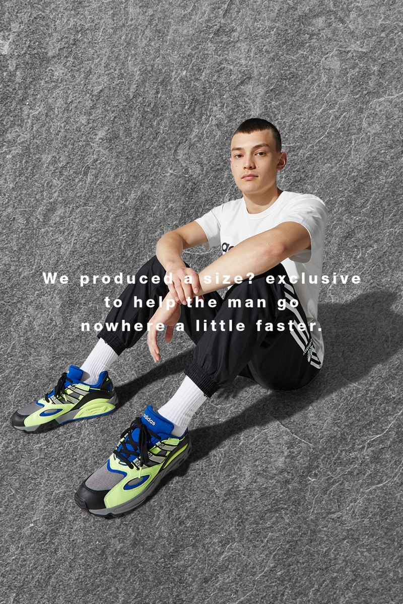 Size? Exclusive adidas Originals LXCON '94 Release Information Cop Online In Store Announcement First Look Three Stripes OG Sneaker Shoe Footwear Blue White Black Green Hi Vis AdiPRENE Torsion EVA 