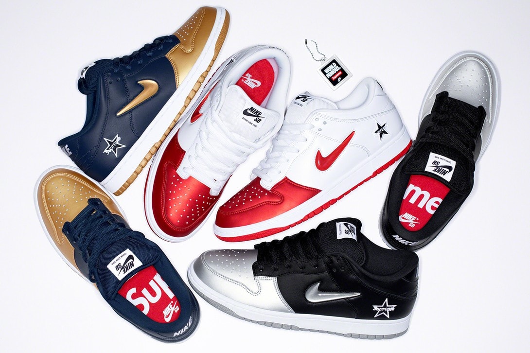 Supreme Nike SB Dunk Low 2019 SNKRS Release Info date september 2019 14 purchase cost pricing where to buy fall winter fw19 sneakers shoes navy gold metallic silver gray grey black red white pics pictures image images