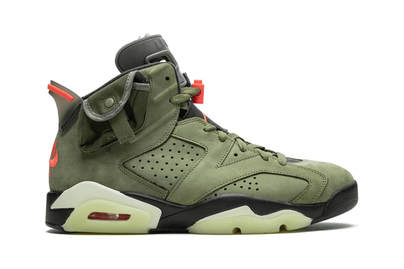 StockX Travis Scott Nike Air Jordan 6 Retro Medium Olive Release Astroworld Cargo Pockets Mens Footwear Rapper La Flame Super Bowl 53 Cactus Jack Military Tactical Glow In The Dark Travis Scott x Air Jordan 6 "Cactus Jack" 
