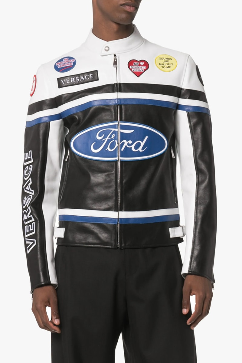versace ford two-tone race logo biker jacket print cotton shirt straight leg jeans browns exclusive capsule release fall 2019 