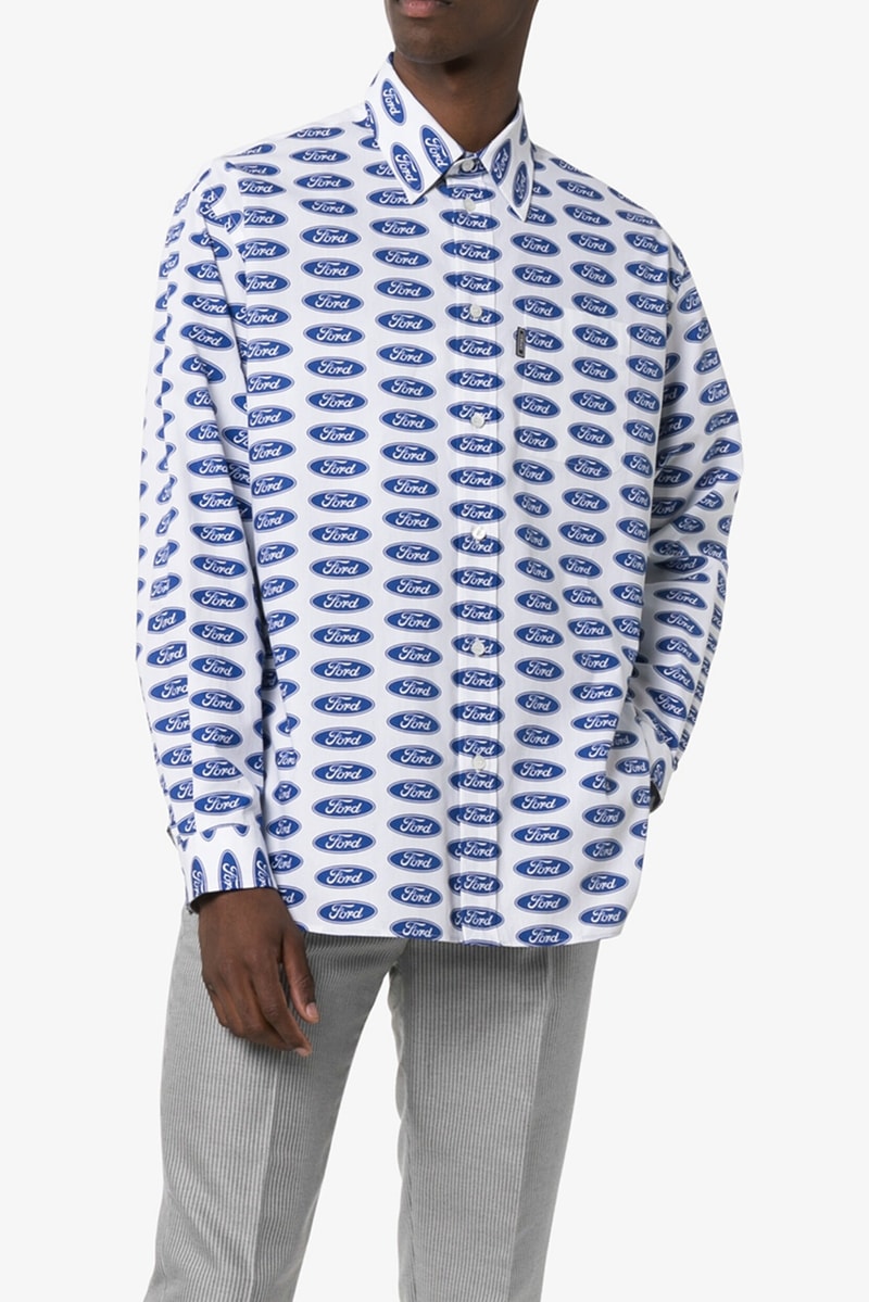 versace ford two-tone race logo biker jacket print cotton shirt straight leg jeans browns exclusive capsule release fall 2019 