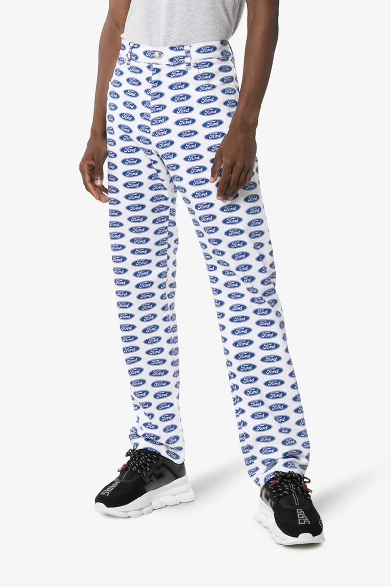 versace ford two-tone race logo biker jacket print cotton shirt straight leg jeans browns exclusive capsule release fall 2019 