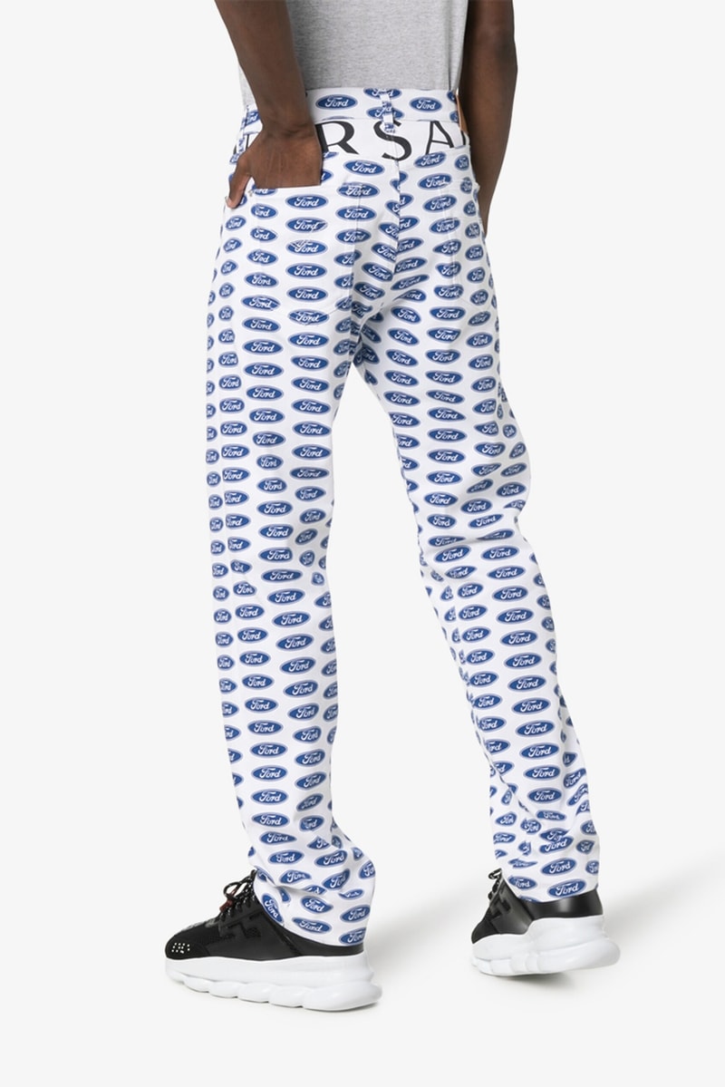 versace ford two-tone race logo biker jacket print cotton shirt straight leg jeans browns exclusive capsule release fall 2019 