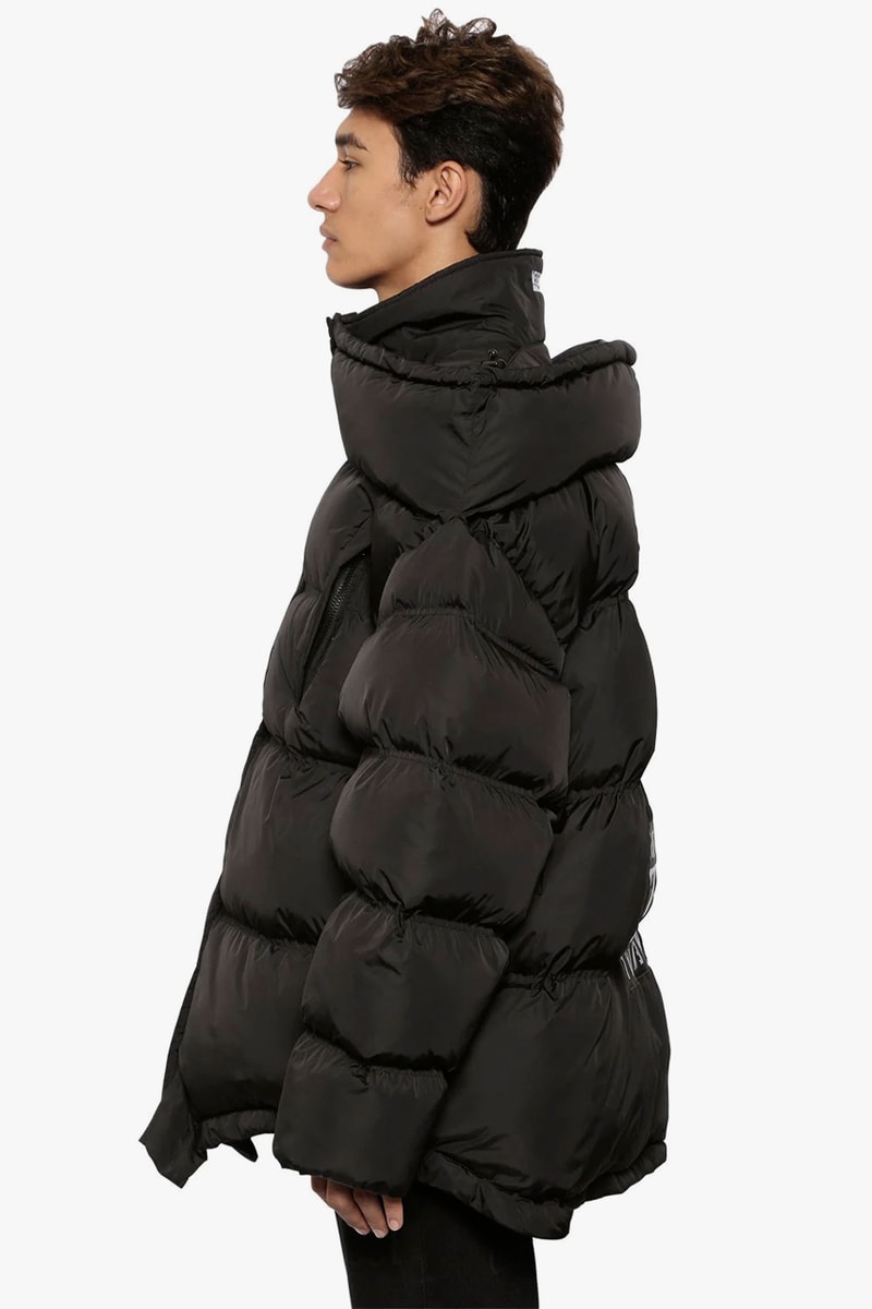 Vetements "Upside-Down" Down Jacket With Logo Patch Release Information Fall Winter 2019 Runway Piece Demna Gvaslia "Parental Advisory Explicit Content" Puffer