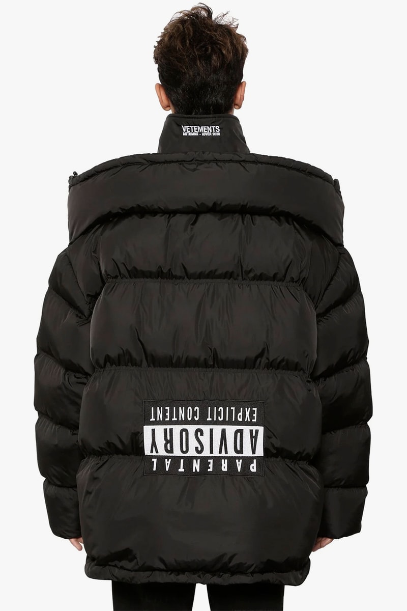 Vetements "Upside-Down" Down Jacket With Logo Patch Release Information Fall Winter 2019 Runway Piece Demna Gvaslia "Parental Advisory Explicit Content" Puffer