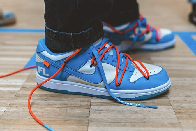 off white dunk low red on feet