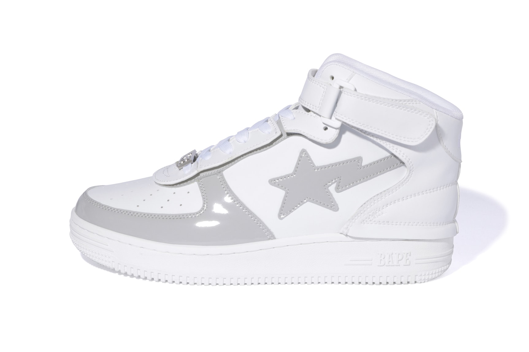 BAPE STA Mids for FW19 Release black white grey a bathing ape sneakers sta motif silver dubraes