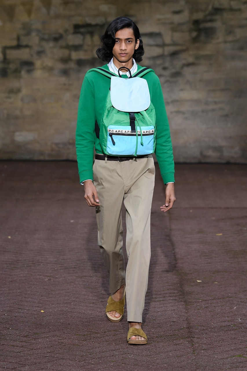 A.P.C. Spring/Summer 2020 Collection Runway Show Paris Fashion Week Shirts Pants Dresses Jackets Blue Green Beige Floral Monochrome Khaki Suicoke Sandals DEPA Hats Socks