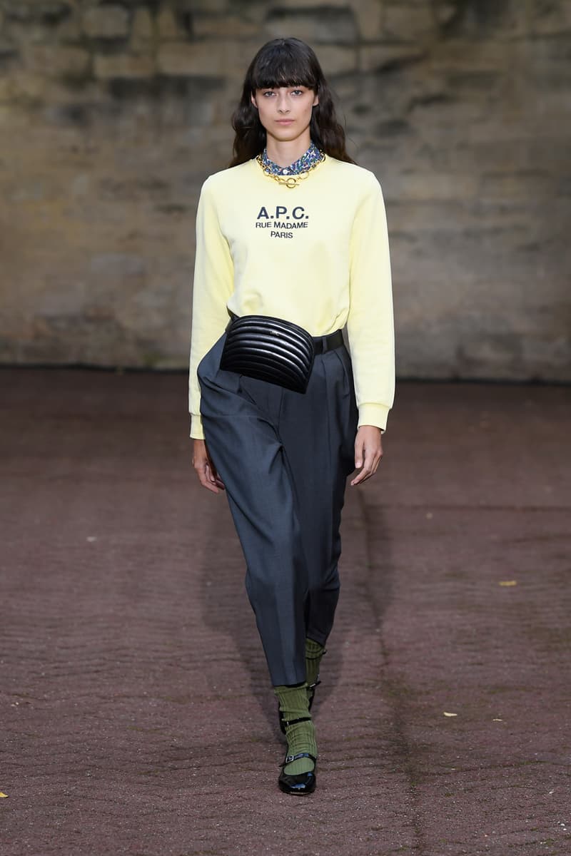 A.P.C. Spring/Summer 2020 Collection Runway Show Paris Fashion Week Shirts Pants Dresses Jackets Blue Green Beige Floral Monochrome Khaki Suicoke Sandals DEPA Hats Socks