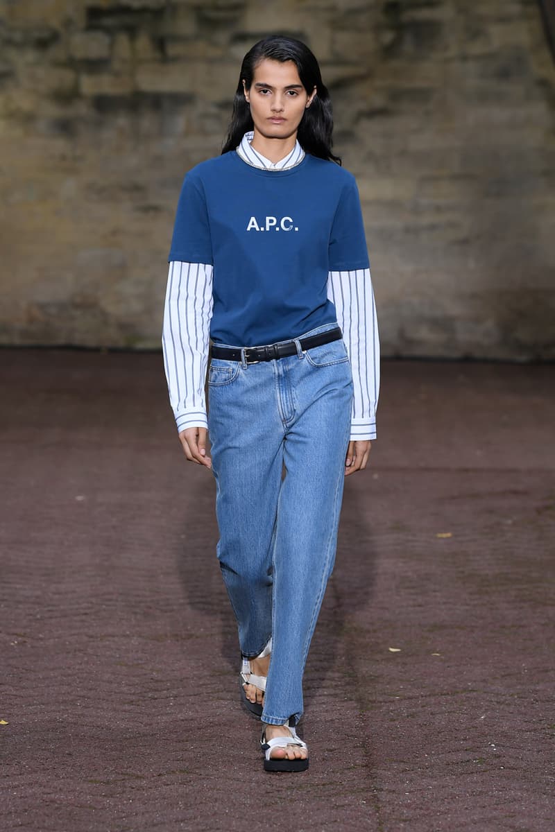 A.P.C. Spring/Summer 2020 Collection Runway Show Paris Fashion Week Shirts Pants Dresses Jackets Blue Green Beige Floral Monochrome Khaki Suicoke Sandals DEPA Hats Socks