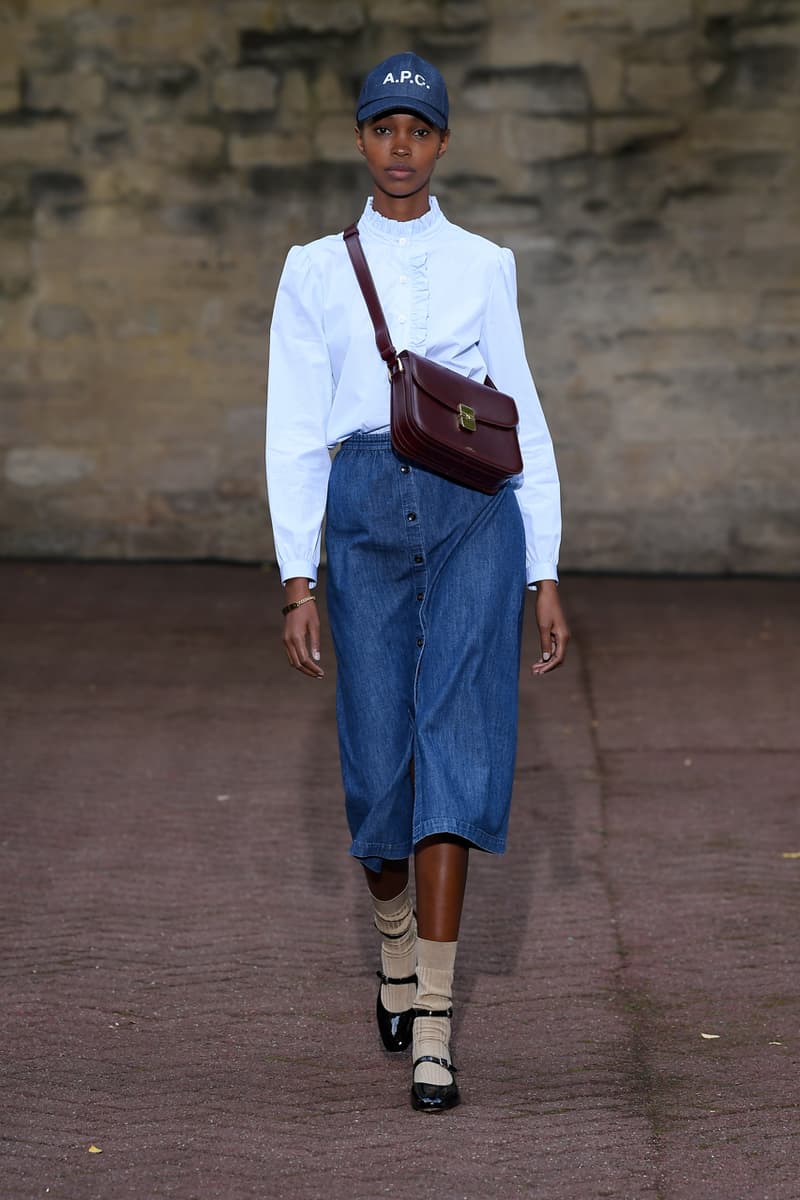 A.P.C. Spring/Summer 2020 Collection Runway Show Paris Fashion Week Shirts Pants Dresses Jackets Blue Green Beige Floral Monochrome Khaki Suicoke Sandals DEPA Hats Socks