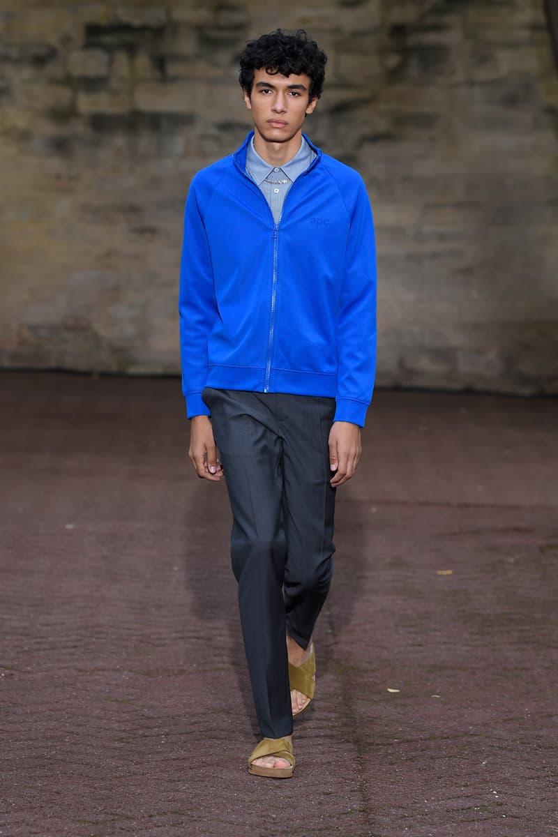 A.P.C. Spring/Summer 2020 Collection Runway Show Paris Fashion Week Shirts Pants Dresses Jackets Blue Green Beige Floral Monochrome Khaki Suicoke Sandals DEPA Hats Socks