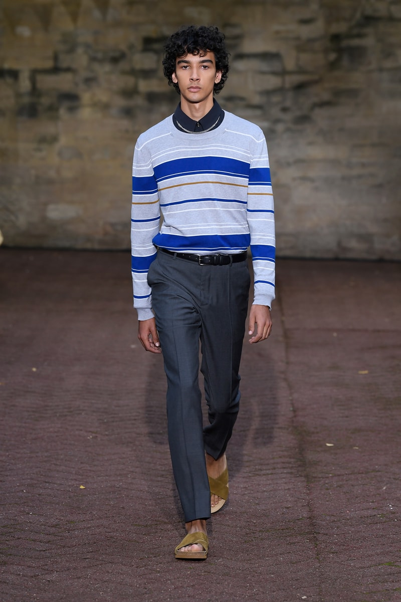 A.P.C. Spring/Summer 2020 Collection Runway Show Paris Fashion Week Shirts Pants Dresses Jackets Blue Green Beige Floral Monochrome Khaki Suicoke Sandals DEPA Hats Socks